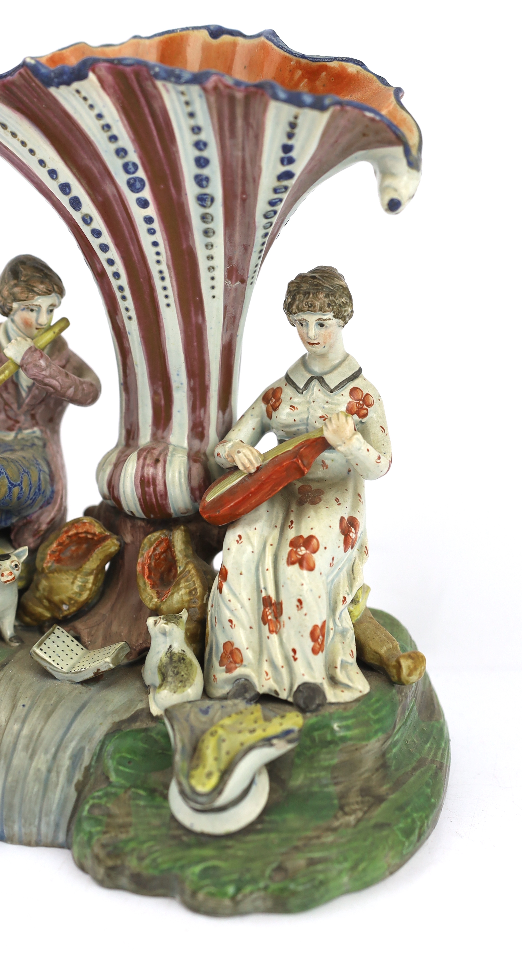 A Staffordshire pearlware musical duet spill vase, c.1820, small repair and loss